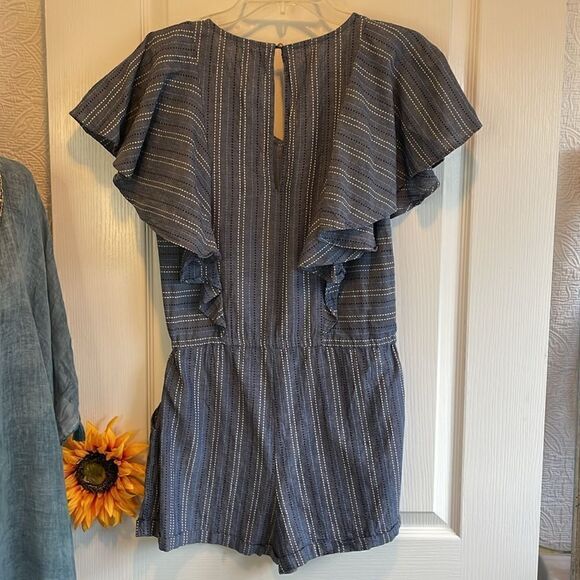 MUDPIE ISLA RUFFLE SLEEVE BLUE STRIPE ROMPER - XS - Picture 9 of 9
